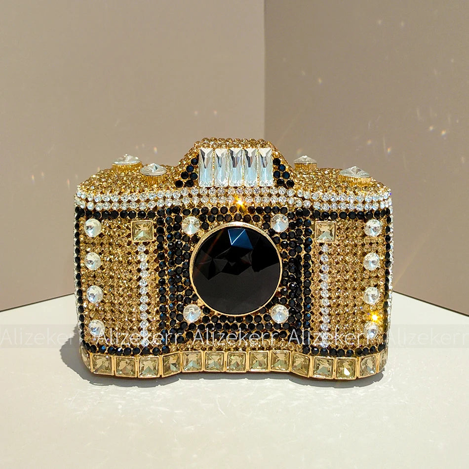 Camera Shaped Diamond Evening Clutch Bags 2024 New Boutique Novelty Metallic Rhinestone Purses And Handbags Bridal Wedding Party