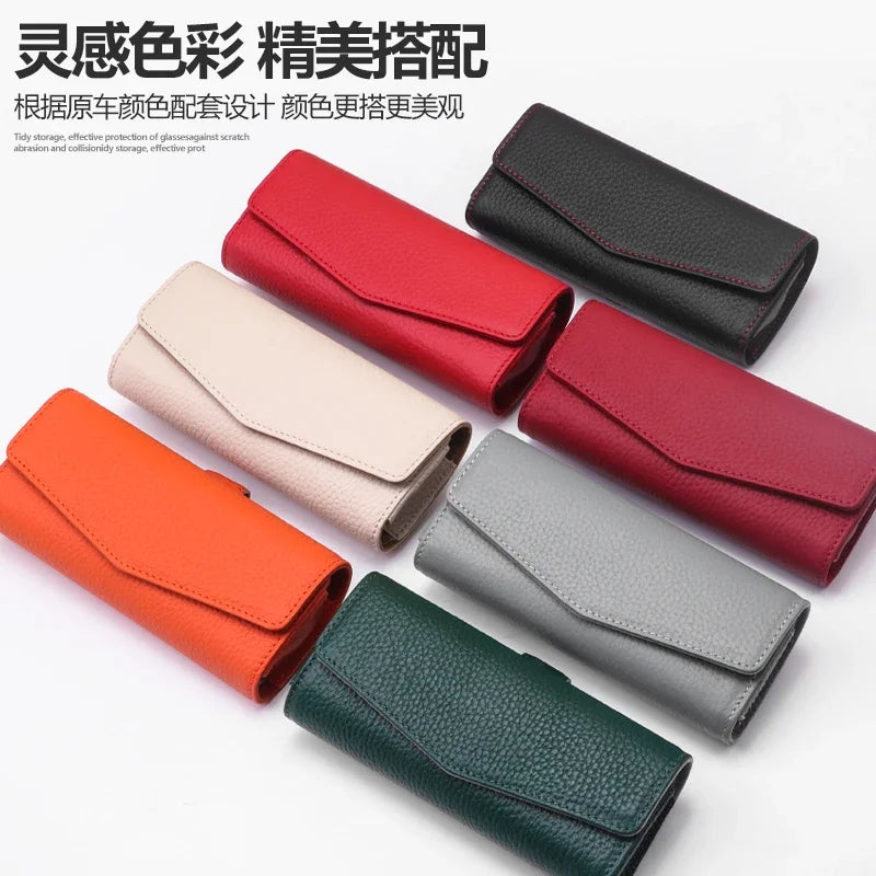Car Sun Visor Sunglasses Case Hanger Fastener Top layer Cowhide Eyeglasses Holder Card Ticket Storage Box Accessories