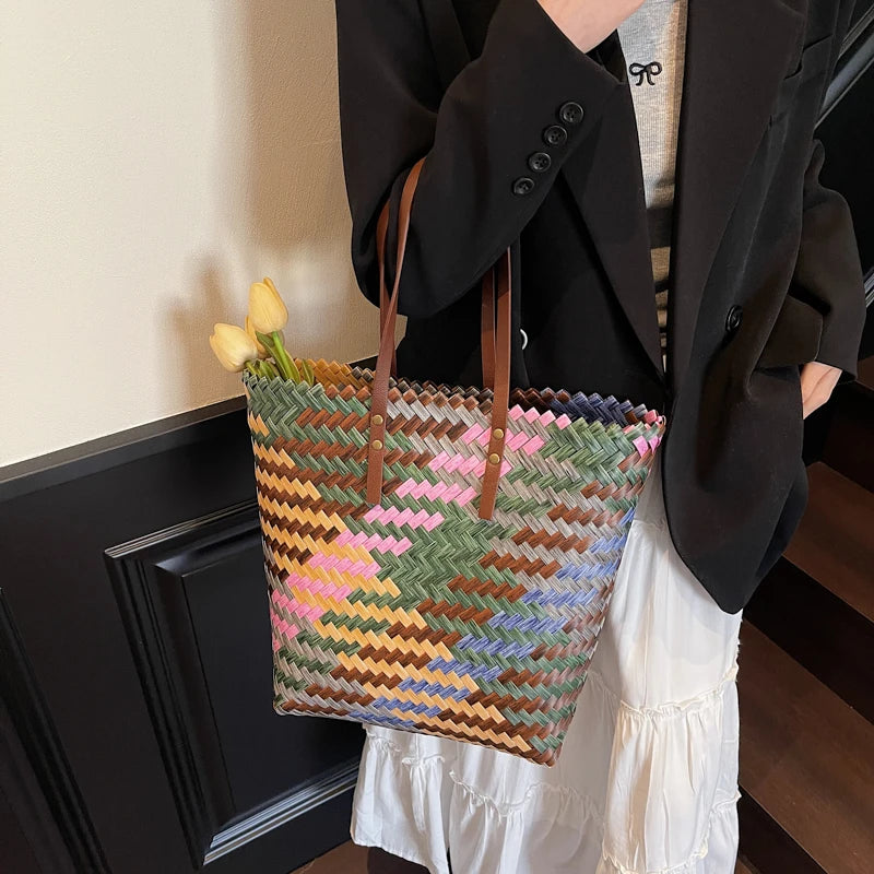 MOODS Braided Bucket Tote Bags For Women PVC Woven Design Colorful Fruit Basket Bag Big Capcity Shopper Tote 2025 Latest Handbag