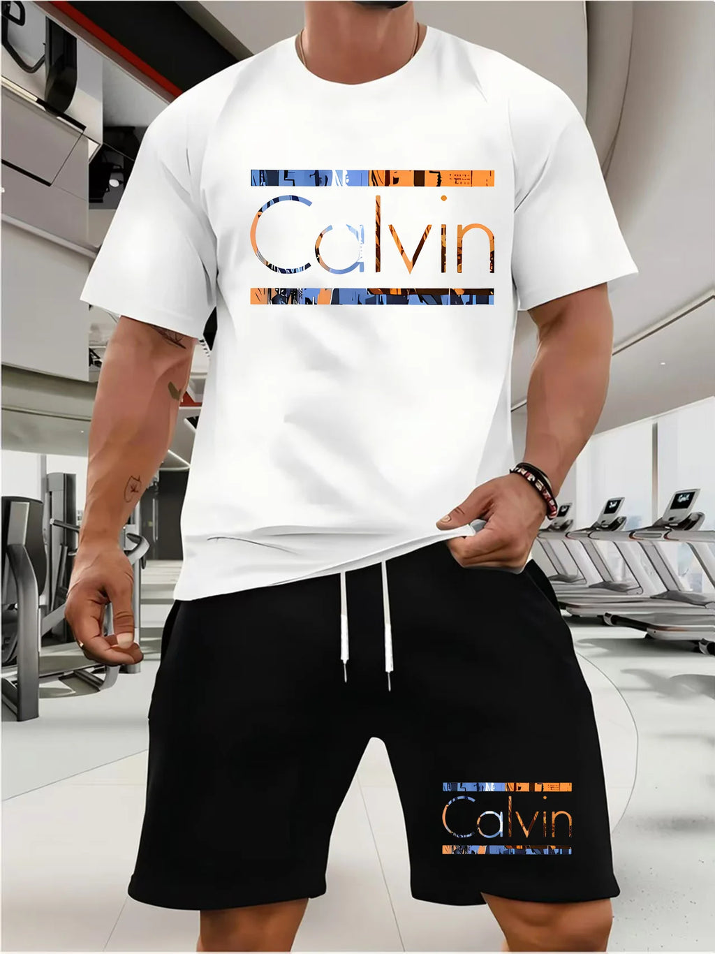 Men's T-shirt and shorts set summer casual loose and fashionable Calvin letter print comfortable round-neck short-sleeved T-shir