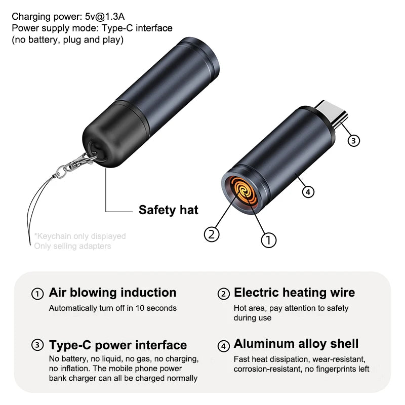 Type C Mini Lighter Blow-to-Ignite Auto Shut-Off For Air Travel Outdoor No Battery No Flame Portable Safety Lighter Adapter
