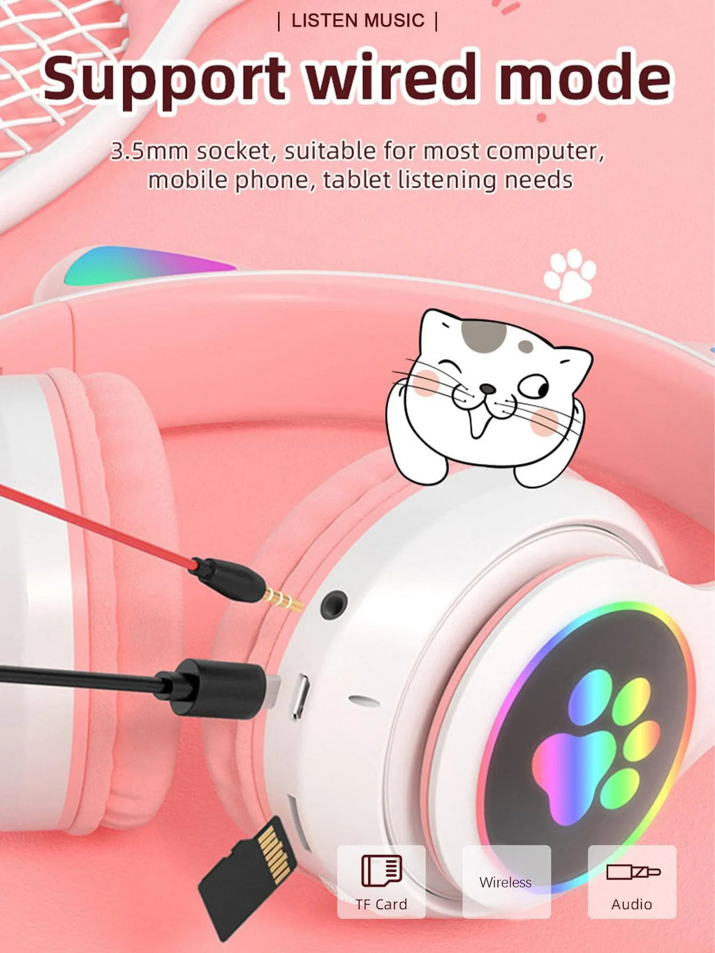 Wireless headphones, Jerry 5.0, long life, high sound quality, cat ears, listening to music/gaming wireless headphones
