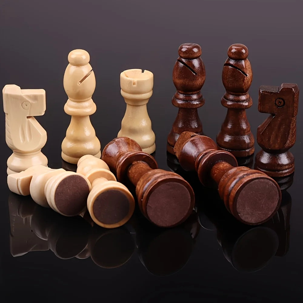 Premium 32pcs Large Wooden Chess Set - Smooth Finish, Classic Design, for Board Games & Tabletop Fun- Beige & Dark Brown