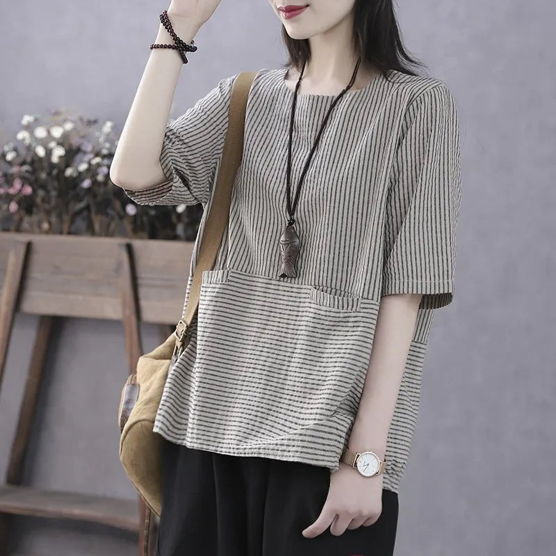 Plus Size Women's Summer Retro T-Shirt Loose Striped Thin Office Lady Fashion New Arrival Trendy Comfortable