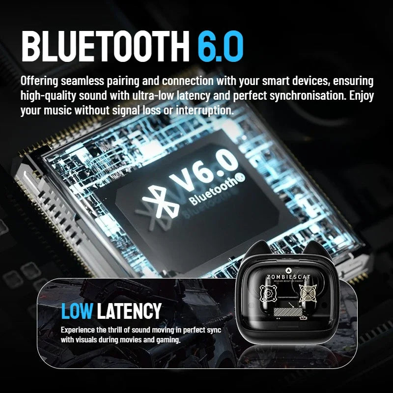 Zombiescat Touch Screen Bluetooth 6.0 Earphones ENC Call Noise Canceling Headphone HiFi Sound TWS Wireless EarBuds with Lanyard