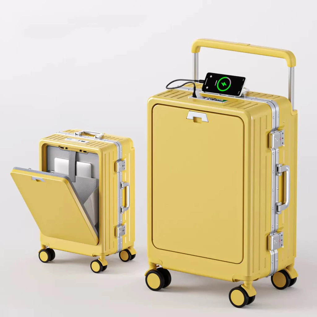 Front-Opening Luggage Box Carry-On Suitcase Swivel Wheels Charging Travel Suitcase Aluminum Frame Password Handle Boarding Plane