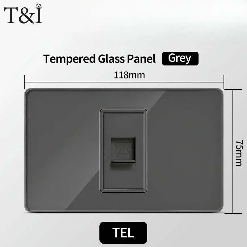 118*75mm TEMPERED GLASS SWITCH PANEL Wall Socket with USB Type - C, Grey US Switch, Thai Plug for Home & Office Use