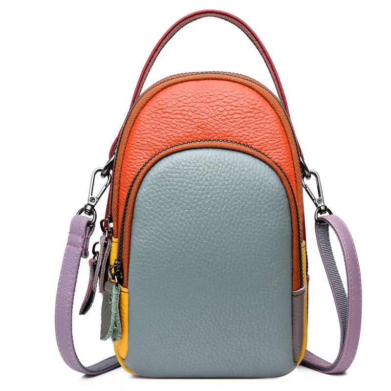 Leather mobile phone storage, hand-held crossbody bag with top layer cowhide color contrast, large capacity single-shoulder bag