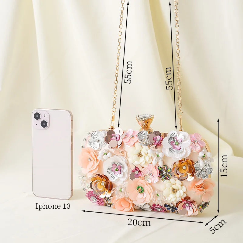 Floral Evening Dinner Handbag Beaded Flower Clutch Bag Metal Chain Crossbody Bag Banquet Handbag Wedding Prom Purse Dropship