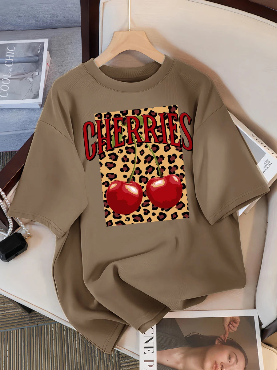 Plus Size Leopard Cherry Creative Design Womens Tee Shirts Casual T Shirt Summer O-Neck Streetwear Soft Oversized Short Sleeve