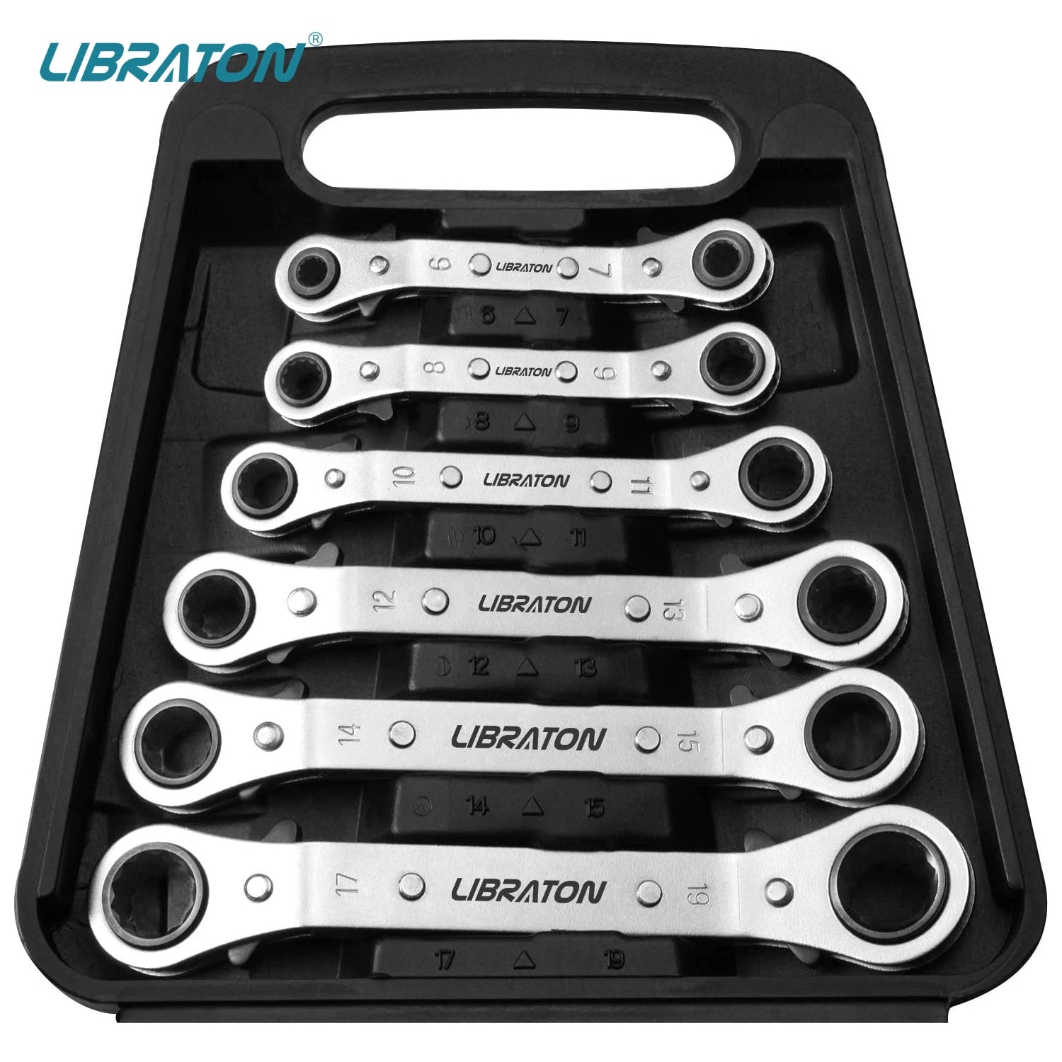 Libraton Offset Wrench Set Metric 6PCs Ratcheting Box Wrenches 6-19mm with Storage Organizer Box, Christmas Gift for Man