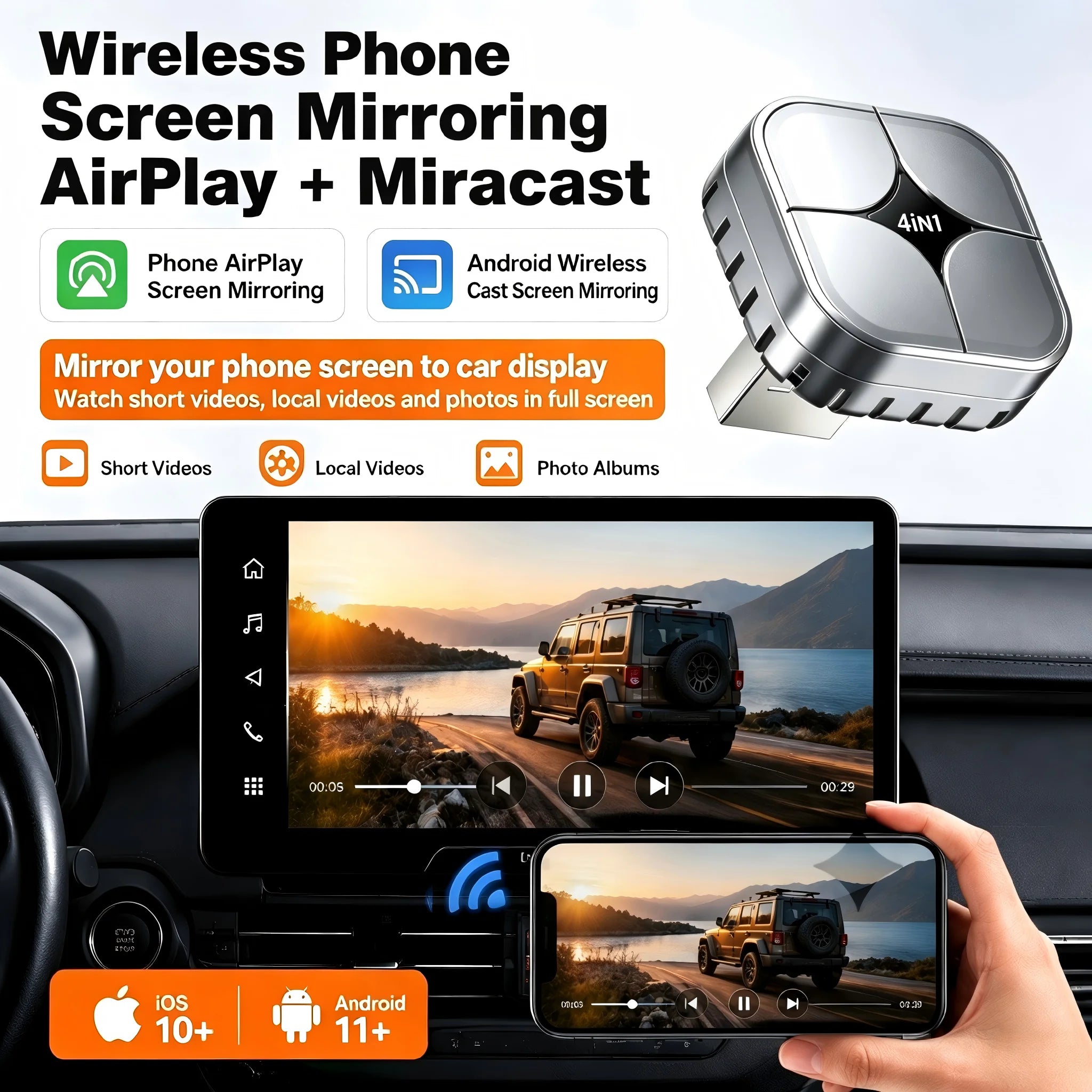 4 IN1 Car Wireless CarPlay Adapter Wired To Wireless Android Auto Dongle AirPlay Miracast Mirror Plug And Play Auto Connect