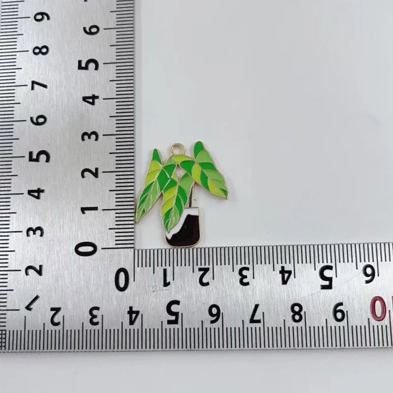10pcs green succulent potted DIY accessories, banana leaf alloy pendants, keychains, earrings, hair accessories