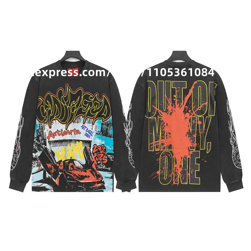 2026 Quality American Skeleton Pattern Printed Washed GODSPEED Long Sleeves T-shirt High Street Casual Cotton Round Neck Men Top