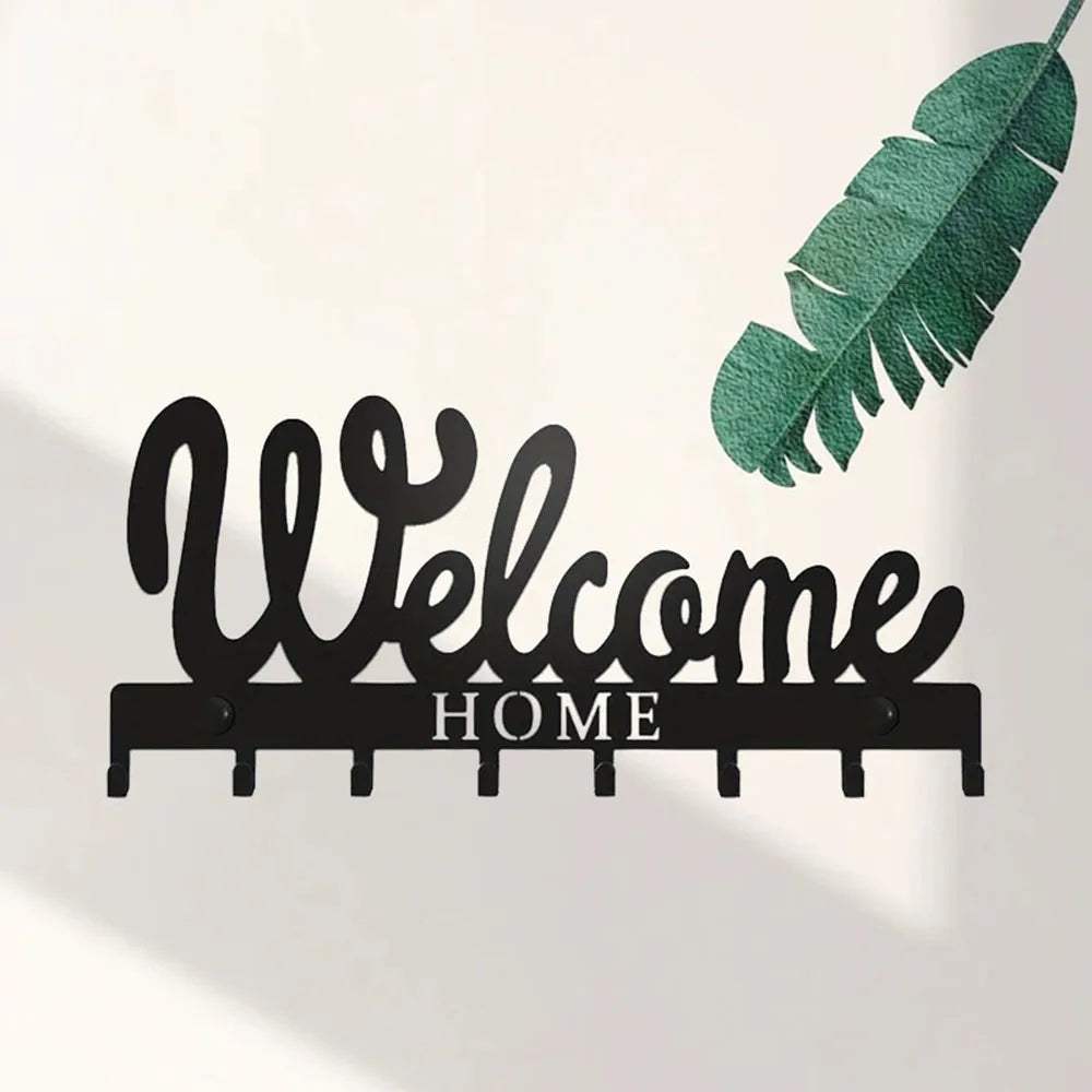 1pc Black Metal Keys Holder, Key Holder for Wall, Wall Mounted WELCOME Design Style Key Rack for Key Hanger With 8 Hooks