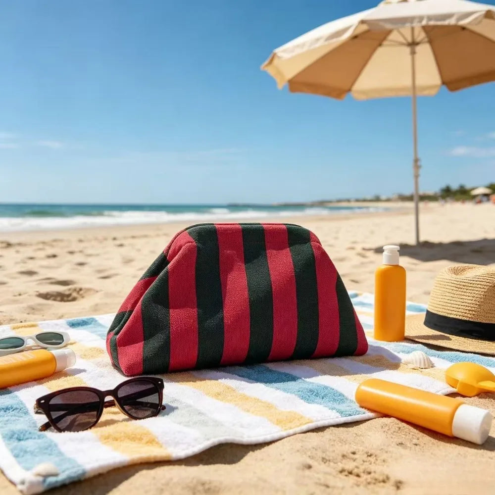 New bright-colored knit bag, thin striped fly-knit cloud, versatile elegant portable makeup bag, large-capacity handbag
