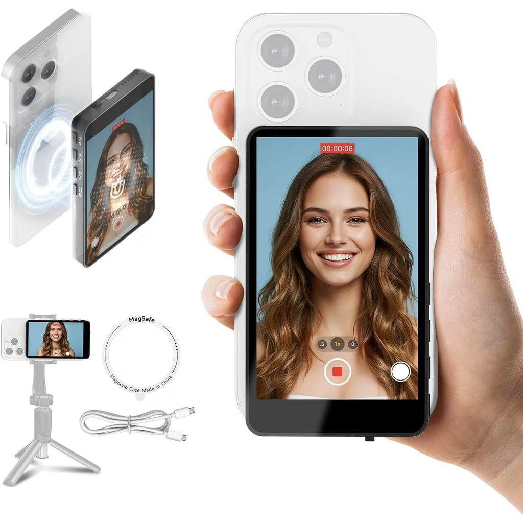 Vlog Selfie Monitor Screen Compatible with Phone, Magnetic Wireless Rear Camera Phone Monitor with 164FT Range, Live Streaming (White)
