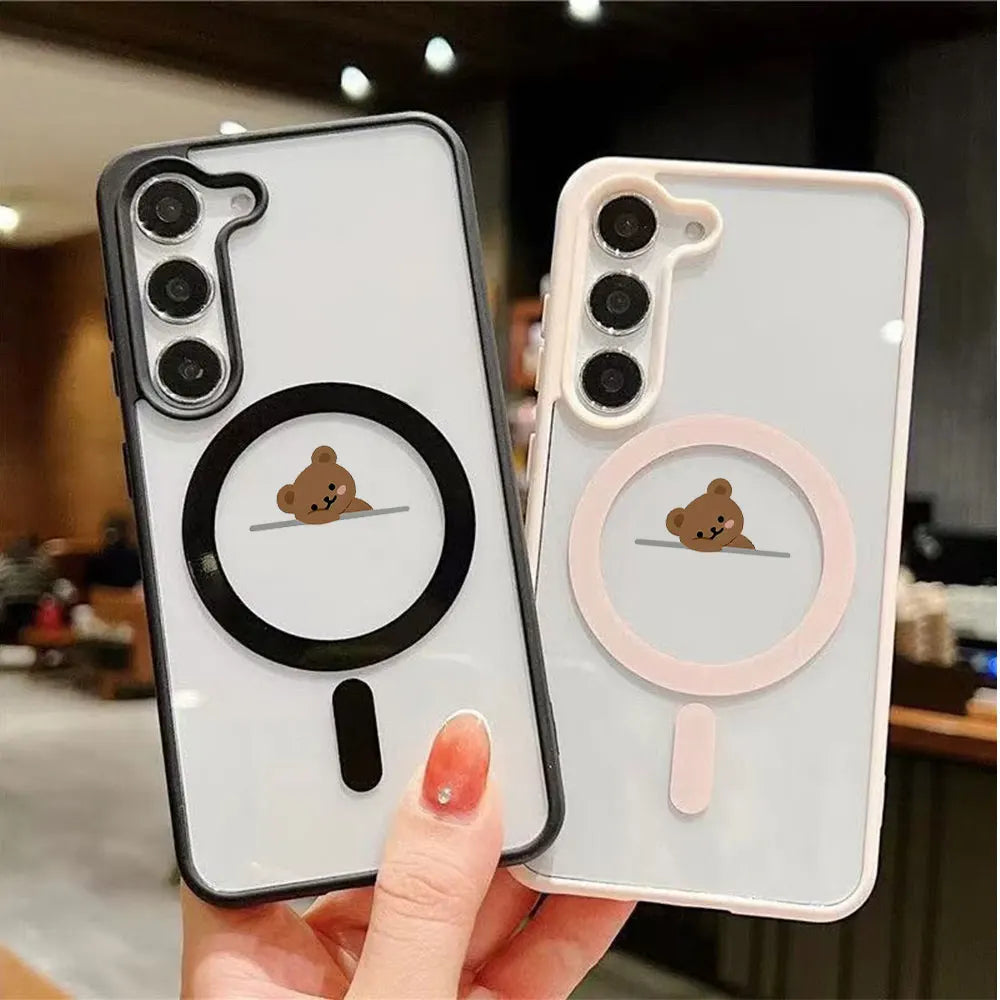 Cartoon Cute Bear Magnetic Wireless Charging Phone Case For Samsung Galaxy S26 S25 S24 S23 S22 Ultra Plus FE Soft Bumper Cover