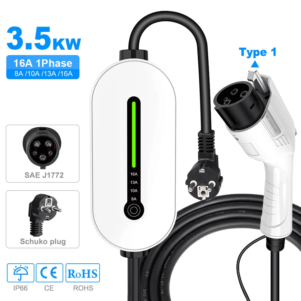 IPENGEN EV Portable Charger Type2 /GBT Plug Connector 16A 1Phase 3.5KW Type1 3.5m Wallbox Charging Station for Electric Vehicle
