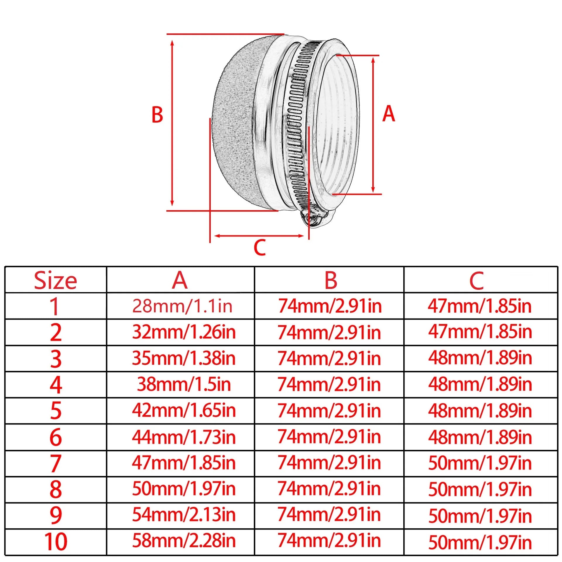 Motorcycle 28/32/35/38/42/45/50/54/58 MM Stright Foam Air Filter Sponge Cleaner Moto Scooter Motocross Dirt Bike Accessories