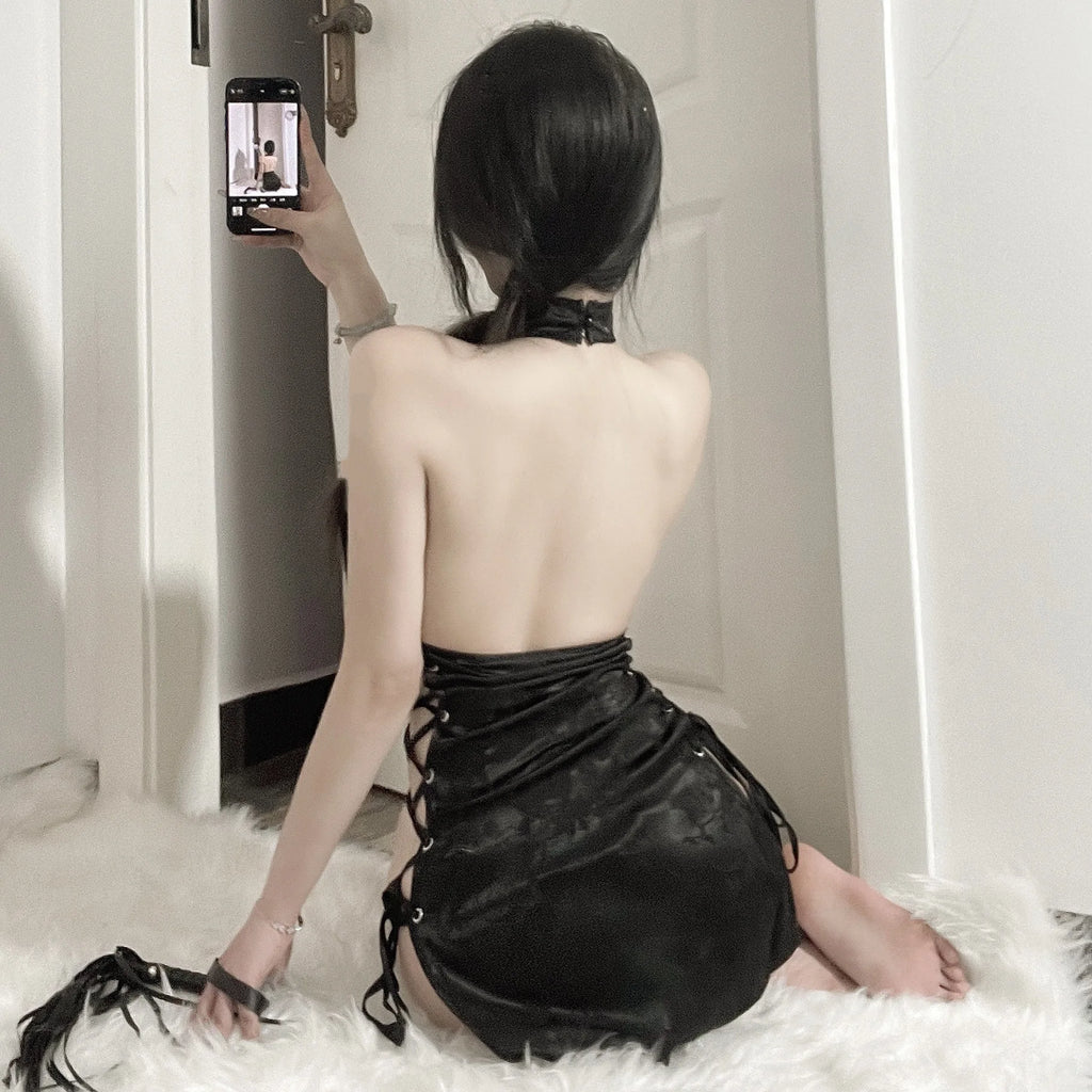 Chinese Retro Strap Cheongsam Perspective Hollow Out Side Slit Hanging Neck Sexy Temptation No Take Off Uniform Sexy Lingerie