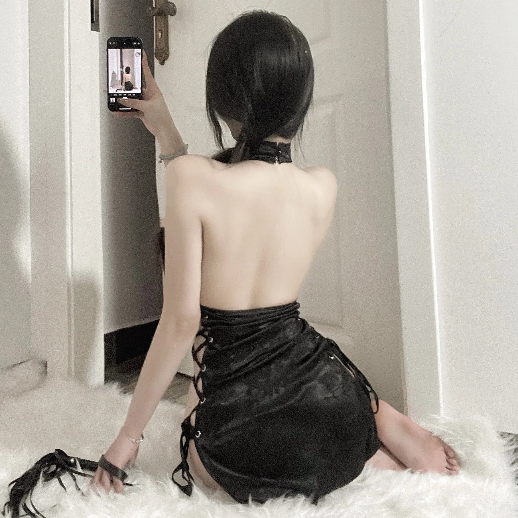 Chinese Retro Strap Cheongsam Perspective Hollow Out Side Slit Hanging Neck Sexy Temptation No Take Off Uniform Sexy Lingerie