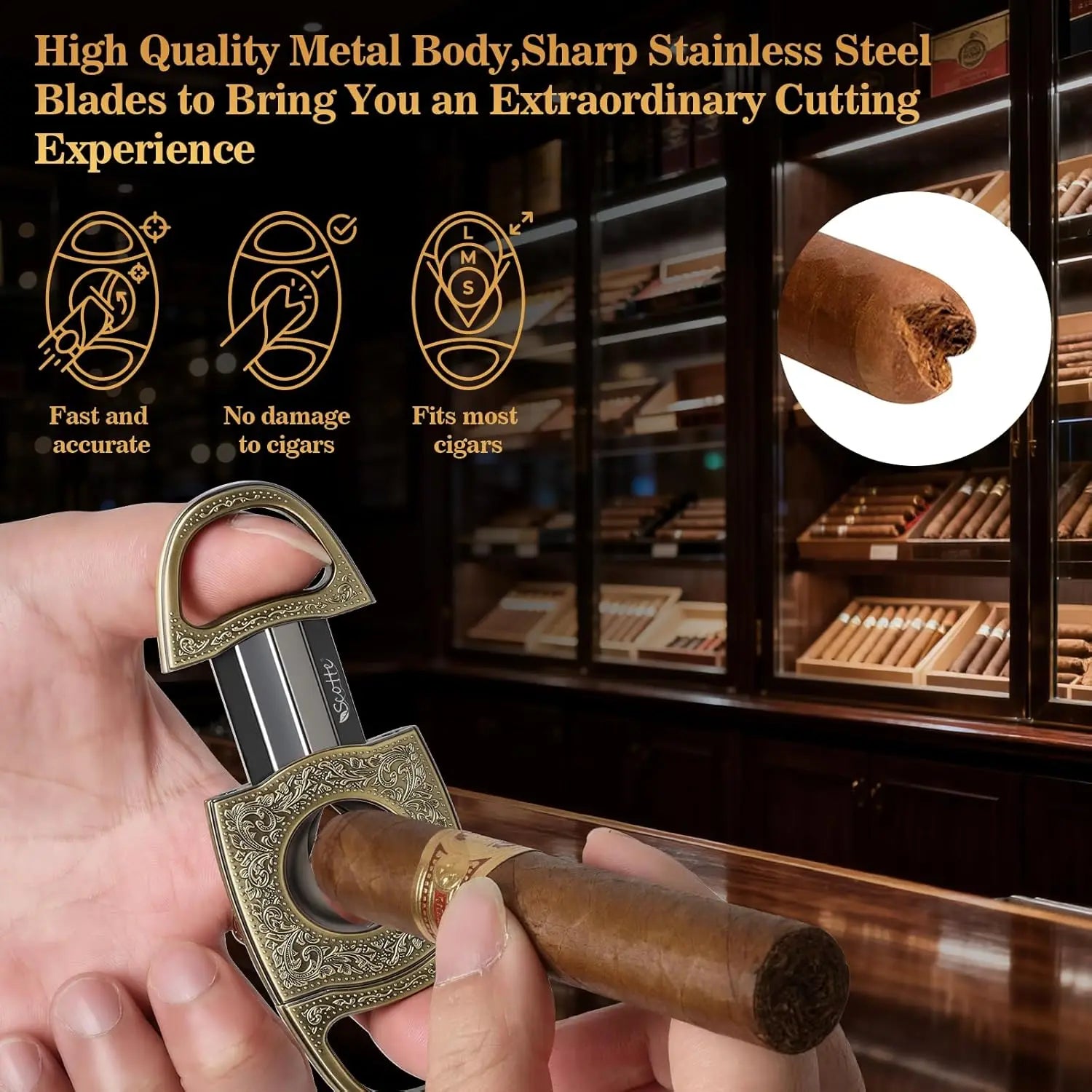 Cigar Cutter,Bronze Engraved V Cut Cigar Cutter Guillotine,Stainless Steel Blade Sharp Cigar Clippers,Cigar Accessories for Men