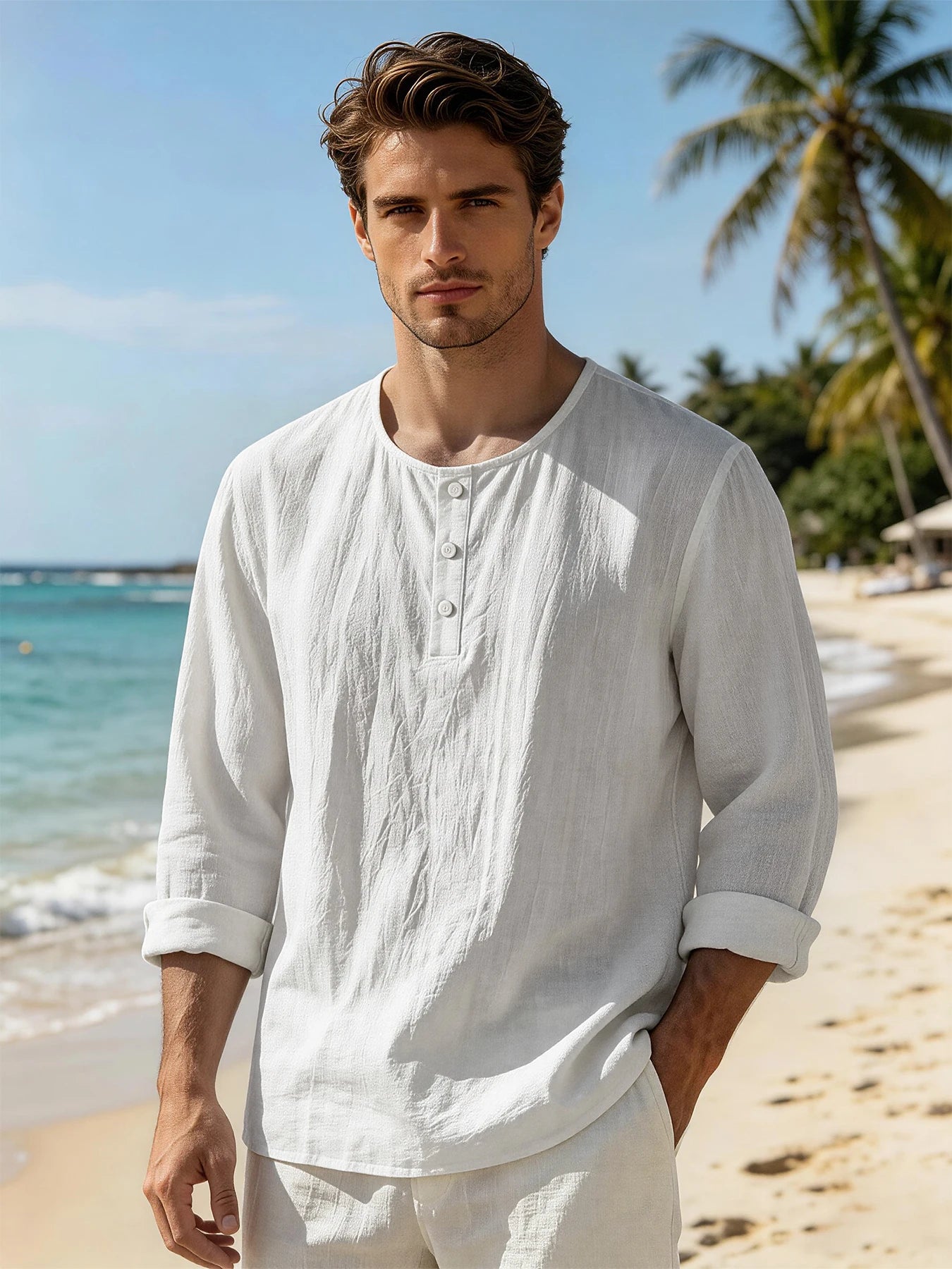 Vintage Men Linen Crinkle Henley Long Sleeve Tops, 3 Button Crew Neck Lightweight Breathable Shirts, Casual Holiday Blouses For