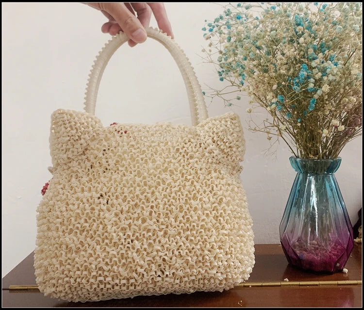 Cathead pure handmade woven bag, Katie Cat PVC off white rhinestone handbag, women's one shoulder crossbody bag