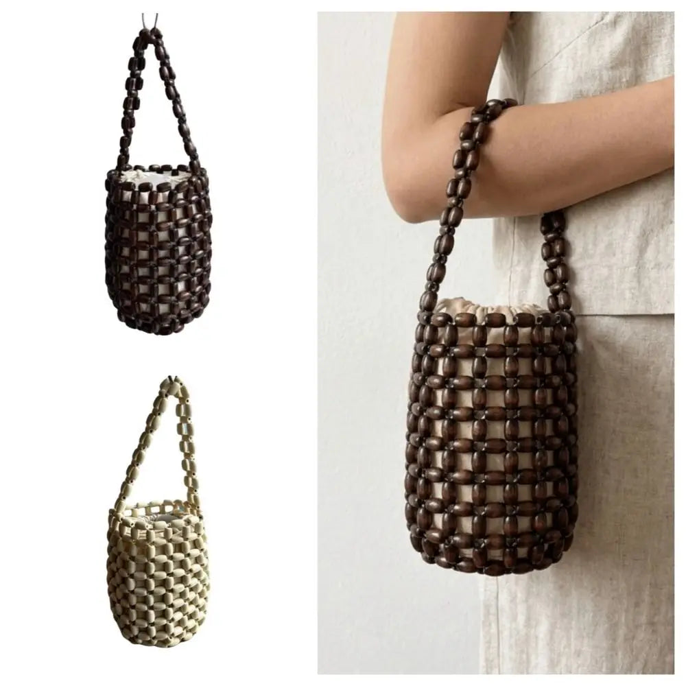 Vintage Handmade Beaded Woven Bag Solid Color Boho Hollow Bucket Bag Wrist Bag With Inner Pocket Openwork Bag Girls