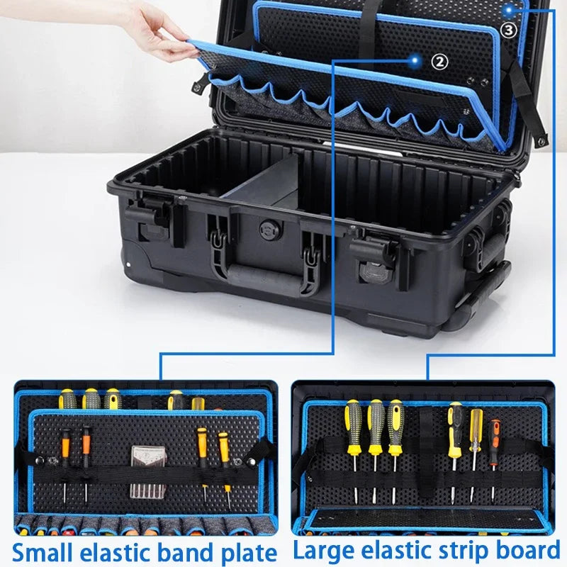 Waterproof Hard Case Large Tool Case Organizer Multi Layer Storage Hardware Toolbox on Wheels Electrician Tools Suitcase Box