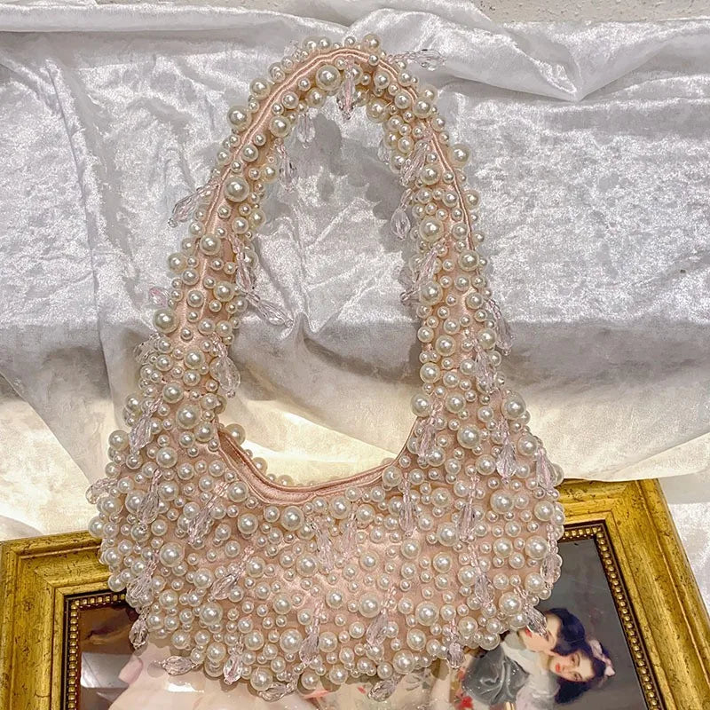 Capacity Simple Pearl Underarm Bag Solid Color Elegant Evening Bag Shopping Work Handbag