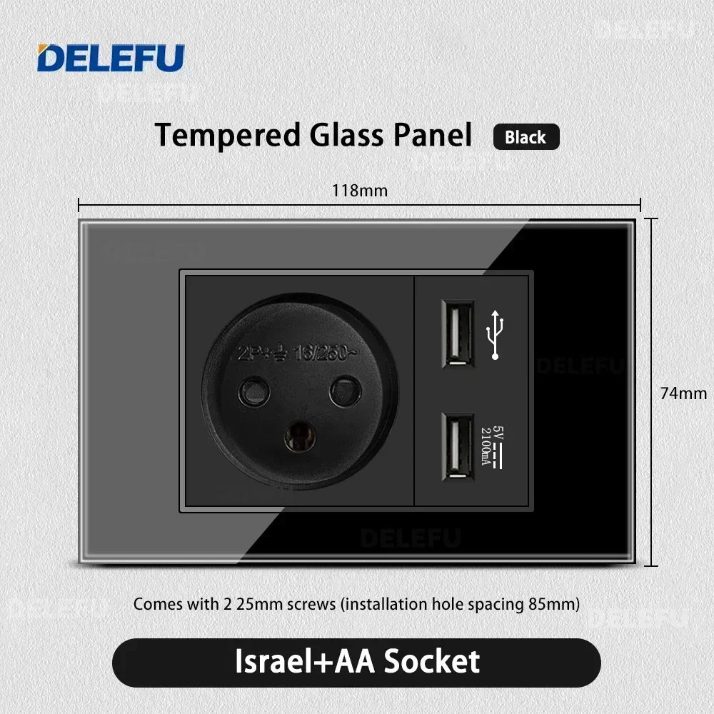 DELEFU Black Tempered Glass Israel USB Type C Fast Charging Wall Socket Light Tuya Wifi Smart Switch Sat TV Tel Doorbell Curtain