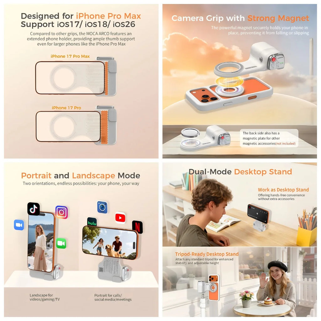 COMITOK MOCA ARCO Magnetic Camera Grip for iPhone  Series Detachable Remote iOS17/18/26 Handle Holder for Vlog Recording Selfie
