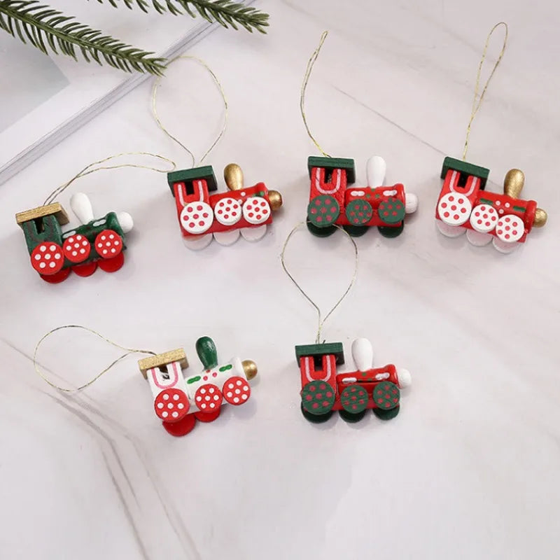 6pcs/Set Christmas Decorations Colored Wooden Small Train Pendant Christmas Tree Scene Layout Hanging Ornaments Desktop Ornament