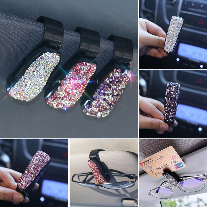 1PCS Bling Sunglasses Eyeglasses Holder Rhinestone Diamond Sun Visor Glasses Fastener Clip Portable Clip Auto Car Ornament