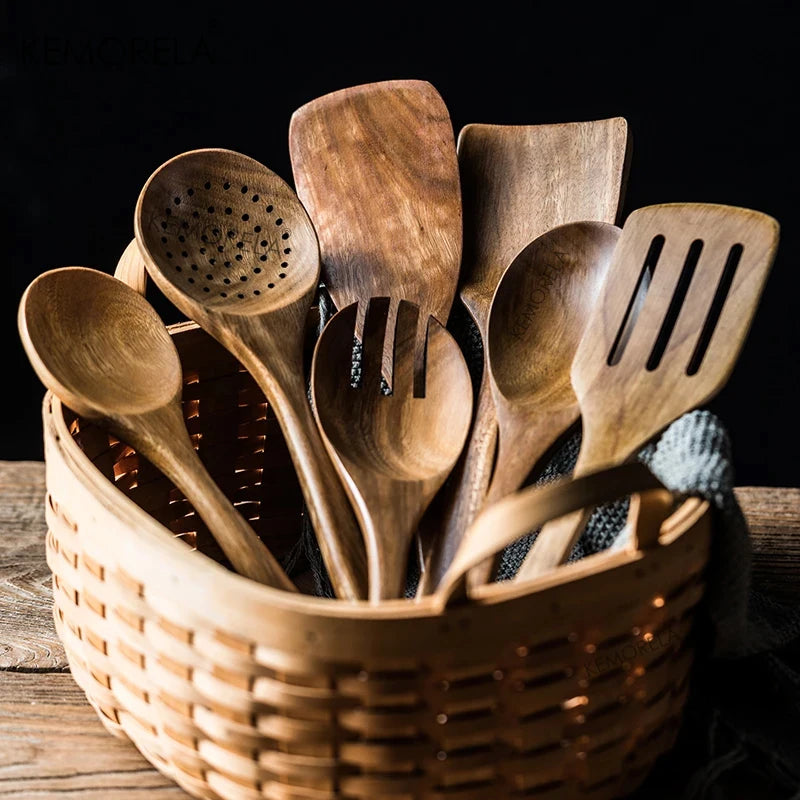 4/7/9PCS Wooden Spoons For Cooking Wooden Utensils For Cooking With Utensils Holder Teak Wooden Kitchen Utensils Set