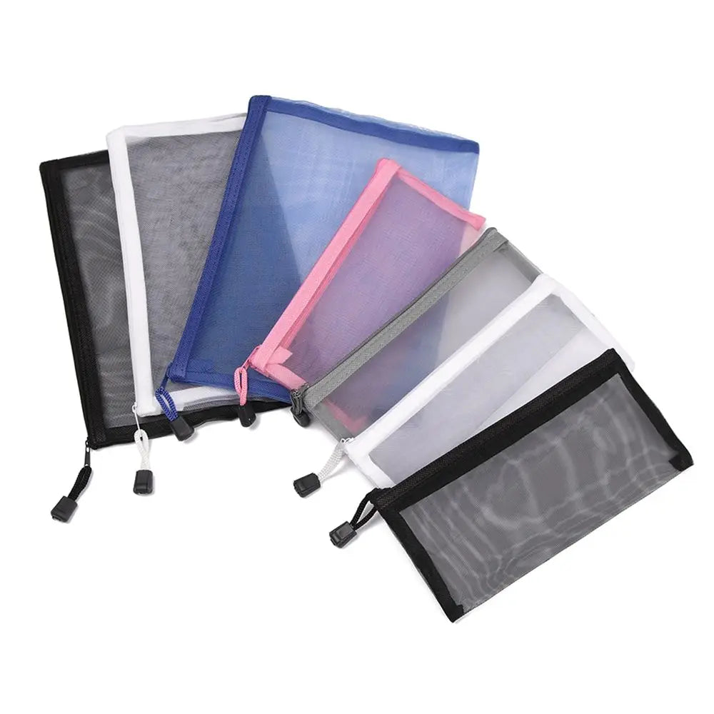 1pc Fashion Solid Color Makeup Cosmetic Handbags Coin Purse Transparent Grid Zipper Pencil Case Cosmetic Storage Mesh Pen Bag