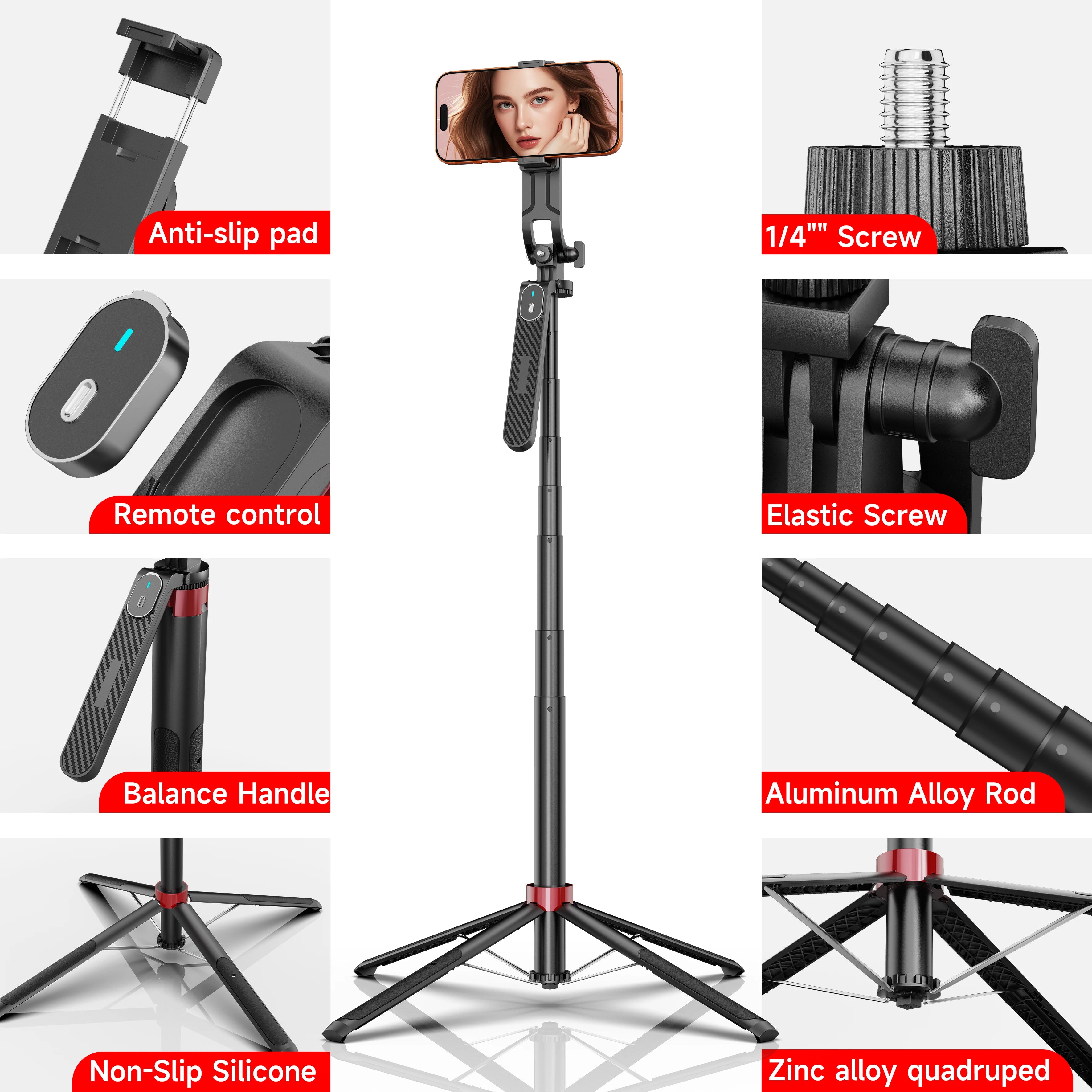 NeePho 180cm Aluminum Alloy 4-Leg Stable Selfie Stick Tripod NP-P185PLUS with Rechargeable Bluetooth Remote Control