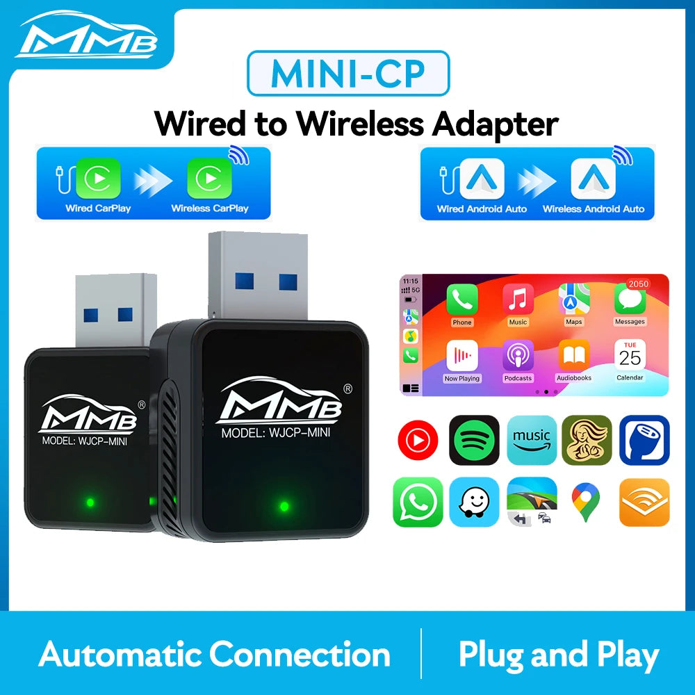 MMB Mini 2in1 Wireless CarPlay Adapter Android Auto Dongle Wifi BT5 USB Plug and Play Wired to Wireless Connection Universal Car