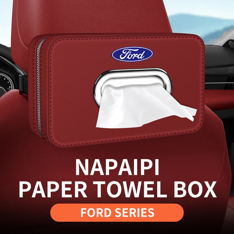 For Ford Mondeo Focus Explorer Escape Kuga Everest Bronco F-150 Ranger Transit Car-Mounted Leather Tissue Paper Storage Box