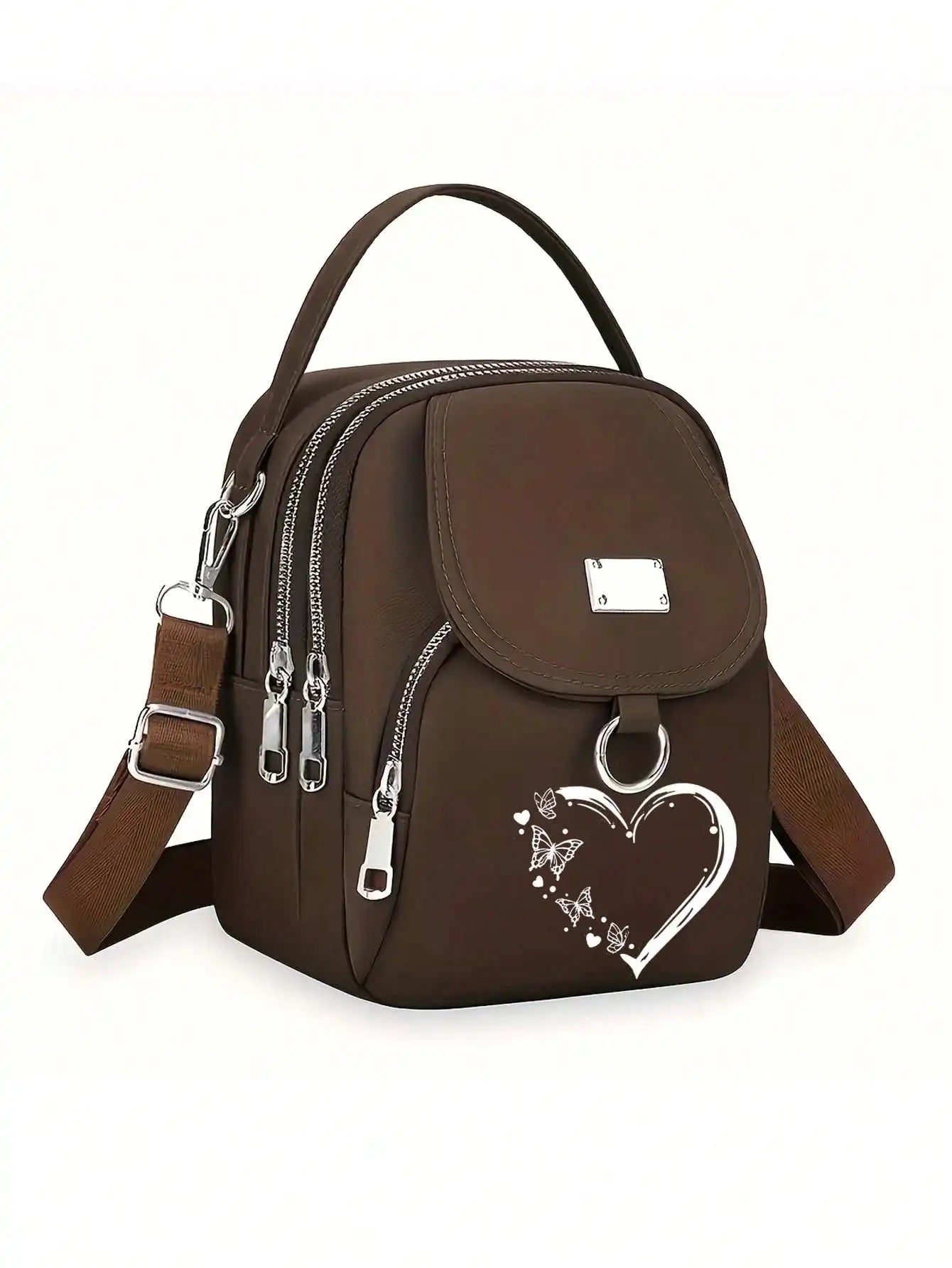 1pc Women's Nylon Shoulder Bag Heart Butterfly Pattern Casual Mini Crossbody Bag Adjustable Multi-Layer Solid Color Hand Bag