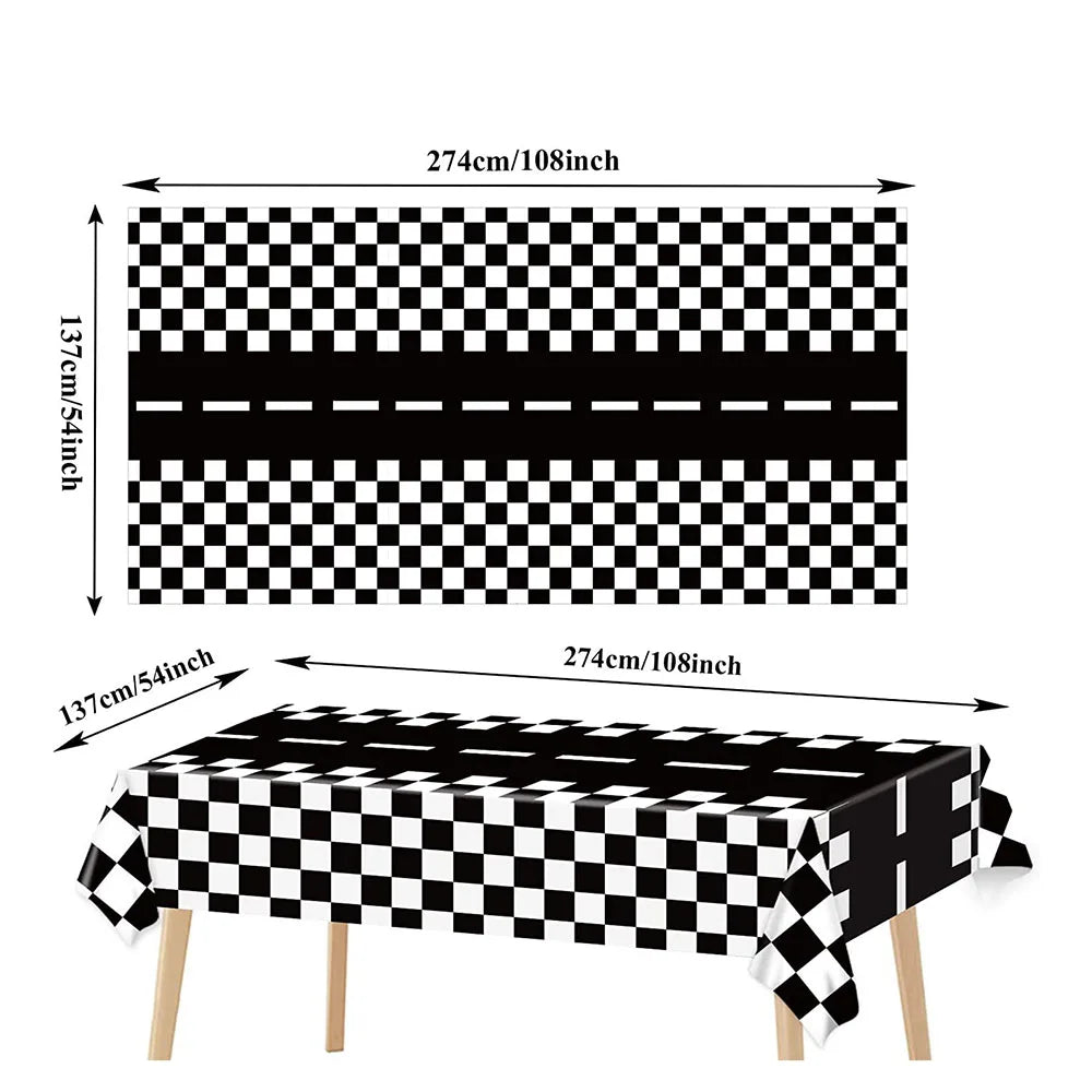 Race Car Theme Tablecloths Black White Checkered Rectangular Plastic Table Cover Racing Car Birthday Party Decorations Supplies