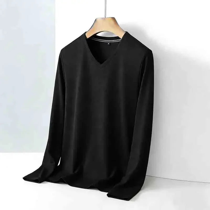 Basic Men's Light Gray V-neck Long Sleeve T-shirt Textured Fabric Casual Top for Everyday Outfits