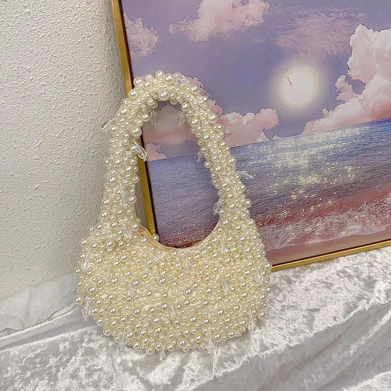 Capacity Simple Pearl Underarm Bag Solid Color Elegant Evening Bag Shopping Work Handbag