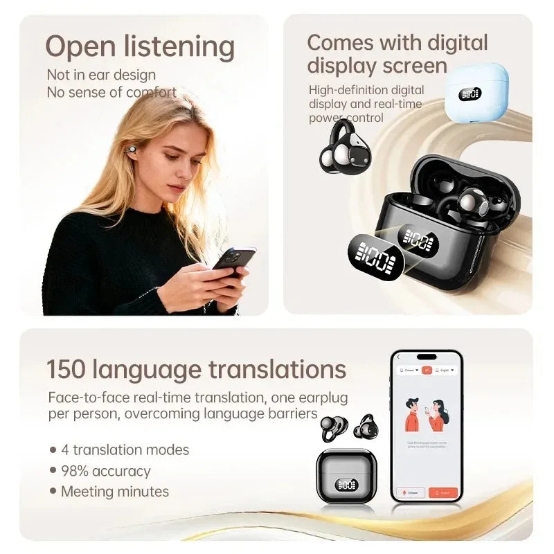 Portable Ear Clip Style Open Ear Earbuds Wireless Bluetooth Stereo Audio Clear HD Calls Touch ControlledHeadphones for Sports