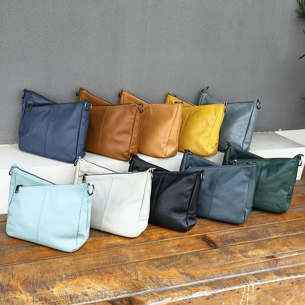 Women Full Grain Cow Leather Hobo Bag With Two Straps Multi Color Large Capacity Shoulder Crossbody Handbag