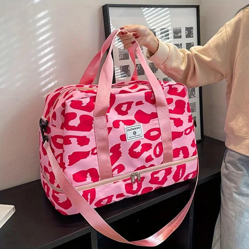 Large Capacity Nylon Travel Duffle Bag with Animal Print, Sports Gym Storage Bag, Portable Women'S Weekender Overnight Bag