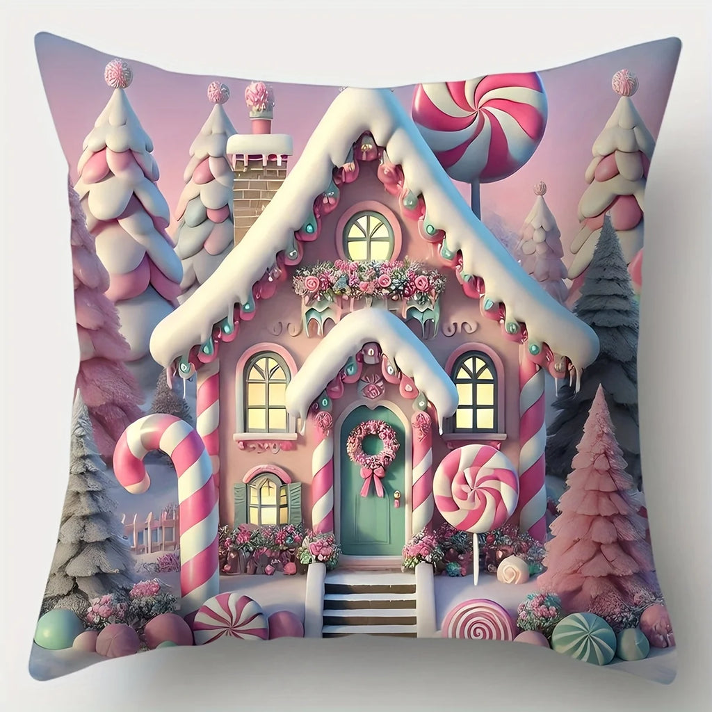 4-piece Candy House themed decorative pillowcase set, featuring gingerbread house and cute deer patterns, with zipper closure