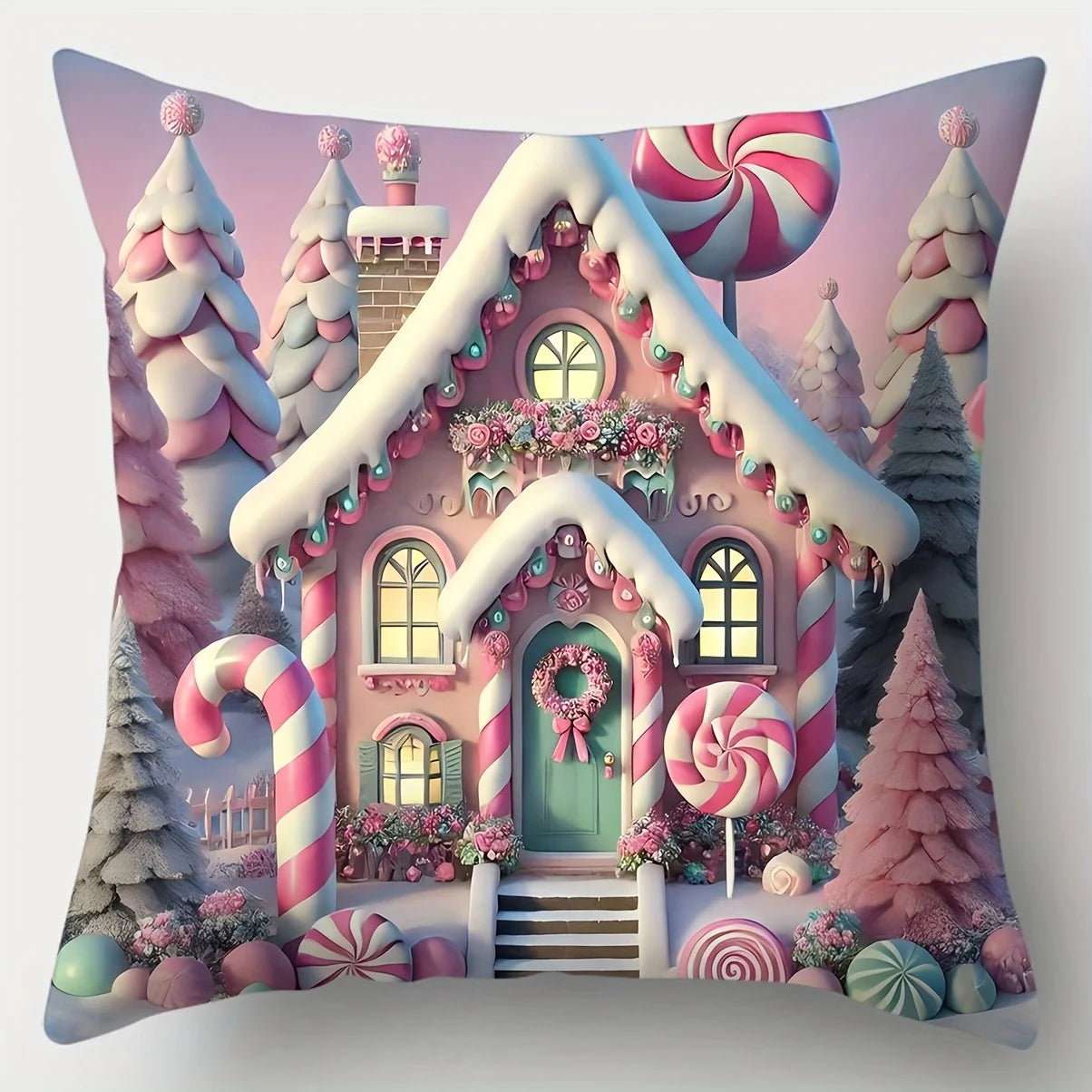 4-piece Candy House themed decorative pillowcase set, featuring gingerbread house and cute deer patterns, with zipper closure